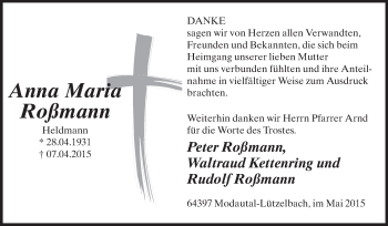 Traueranzeige von Anna Maria Roßmann von Echo-Zeitungen (Gesamtausgabe)