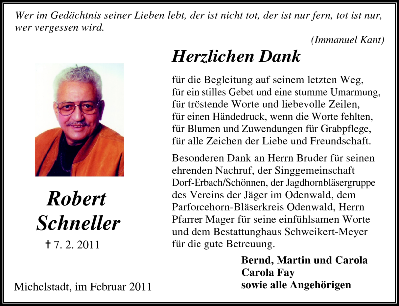  Traueranzeige für Robert Schneller vom 26.02.2011 aus Odenwälder Echo