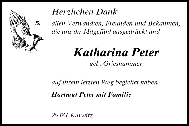  Traueranzeige für Katharina Peter vom 05.03.2011 aus Echo-Zeitungen (Gesamtausgabe)