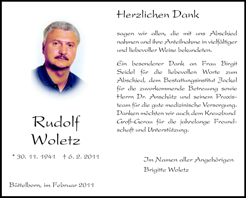 Traueranzeige für Rudolf Woletz vom 05.03.2011 aus Rüsselsheimer Echo, Groß-Gerauer-Echo, Ried Echo