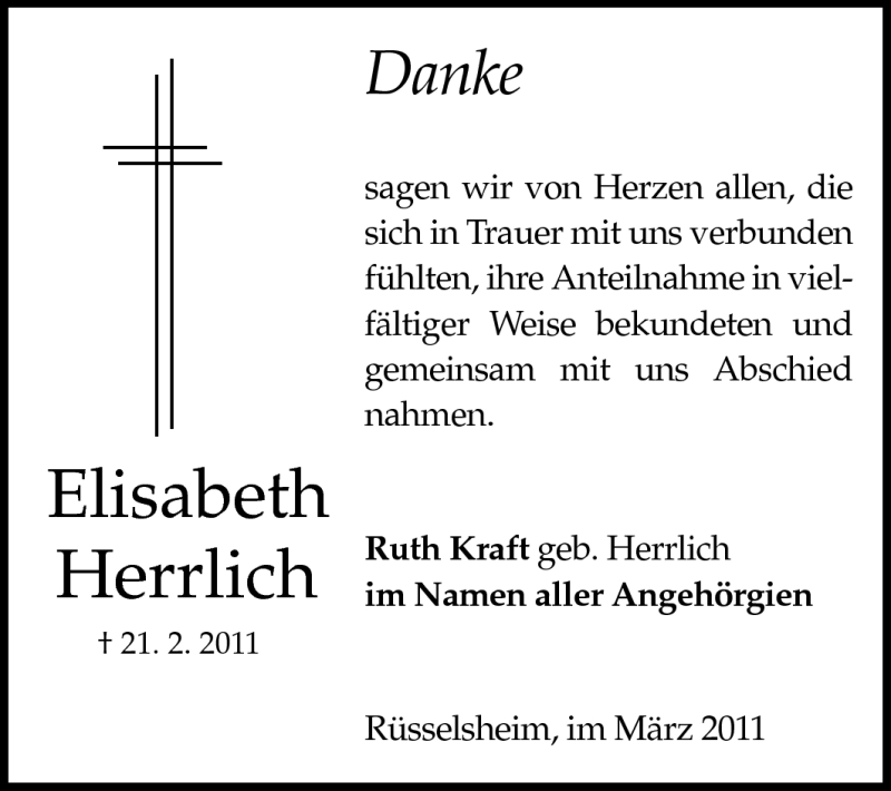  Traueranzeige für Elisabeth Herrlich vom 05.03.2011 aus Rüsselsheimer Echo, Groß-Gerauer-Echo, Ried Echo