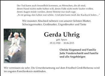 Traueranzeige von Gerda Uhrig von Echo-Zeitungen (Gesamtausgabe)