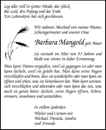 Traueranzeige von Barbara Mangold von Echo-Zeitungen (Gesamtausgabe)