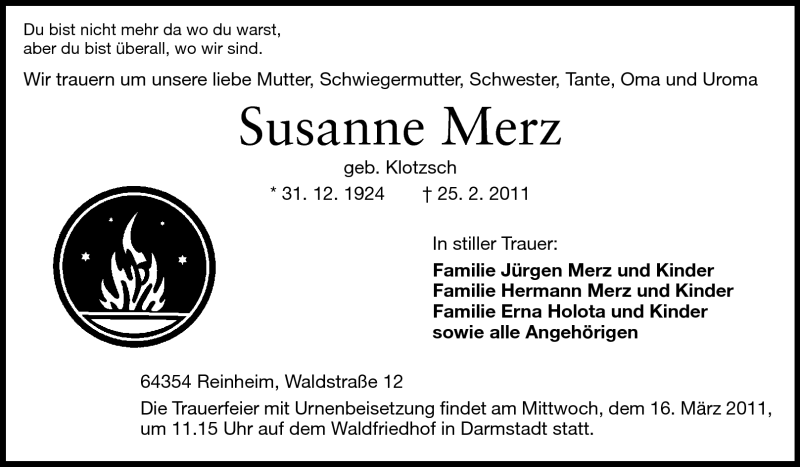  Traueranzeige für Susanne Merz vom 12.03.2011 aus Echo-Zeitungen (Gesamtausgabe)