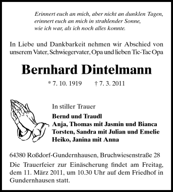 Traueranzeige von Bernhard Dintelmann von Echo-Zeitungen (Gesamtausgabe)