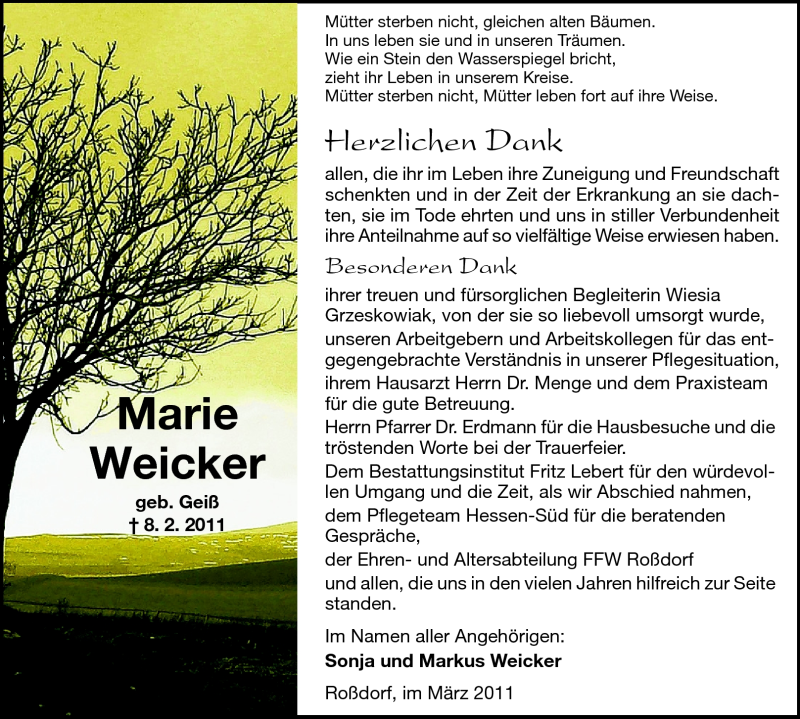  Traueranzeige für Marie Katharina Weicker vom 12.03.2011 aus Echo-Zeitungen (Gesamtausgabe)