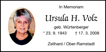 Traueranzeige von Ursula H. Volz von Darmstädter Echo, Odenwälder Echo, Rüsselsheimer Echo, Groß-Gerauer-Echo, Ried Echo