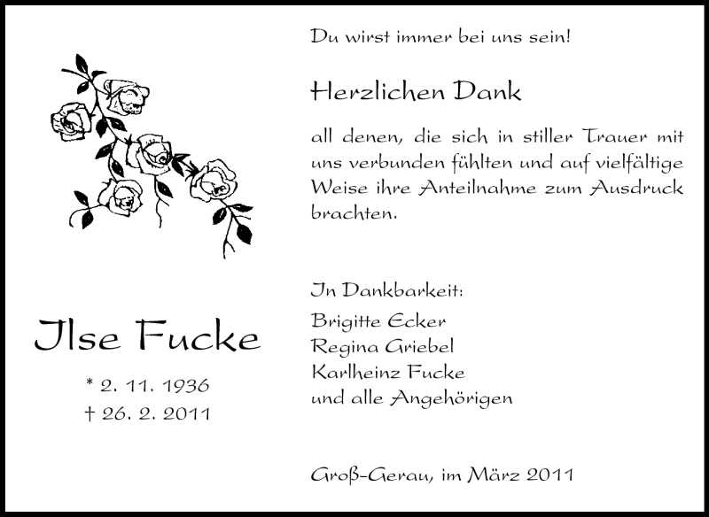  Traueranzeige für Ilse Fucke vom 12.03.2011 aus Rüsselsheimer Echo, Groß-Gerauer-Echo, Ried Echo