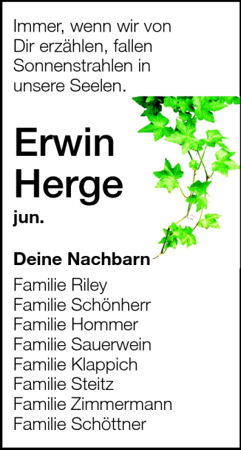 Traueranzeige von Erwin Herge von Darmstädter Echo, Odenwälder Echo, Rüsselsheimer Echo, Groß-Gerauer-Echo, Ried Echo