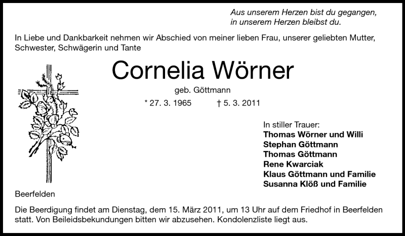  Traueranzeige für Cornelia Wörner vom 14.03.2011 aus Odenwälder Echo