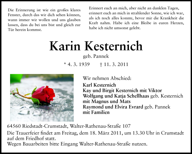  Traueranzeige für Karin Kesternich vom 15.03.2011 aus Rüsselsheimer Echo, Groß-Gerauer-Echo, Ried Echo