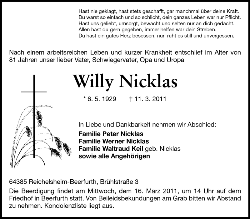 Traueranzeige für Willy Nicklas vom 15.03.2011 aus Odenwälder Echo