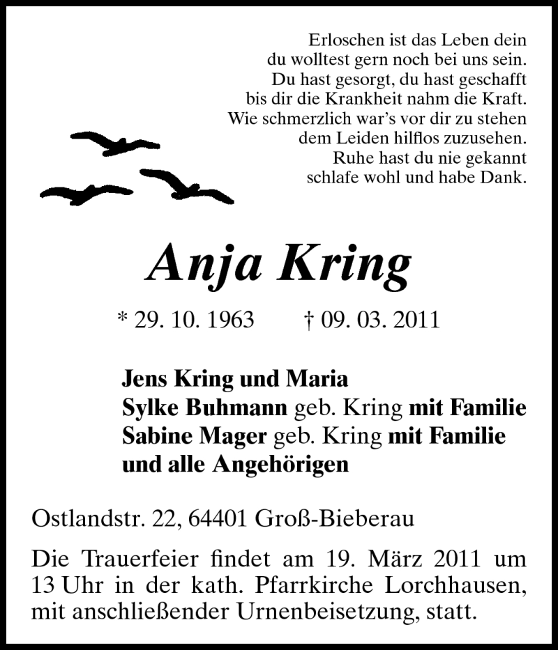  Traueranzeige für Anja Kring vom 16.03.2011 aus Echo-Zeitungen (Gesamtausgabe)