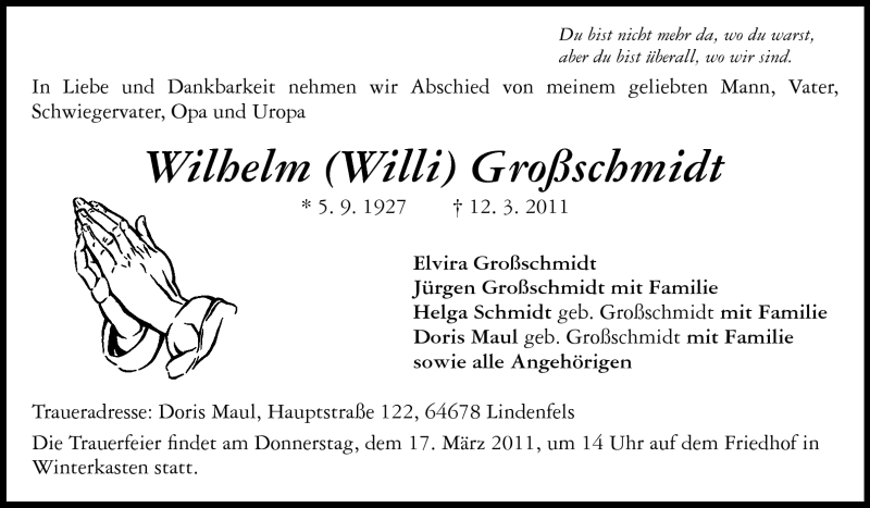  Traueranzeige für Wilhelm Großschmidt vom 15.03.2011 aus Darmstädter Echo, Odenwälder Echo, Rüsselsheimer Echo, Groß-Gerauer-Echo, Ried Echo
