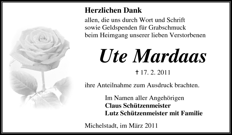  Traueranzeige für Ute Mardaas vom 19.03.2011 aus Odenwälder Echo