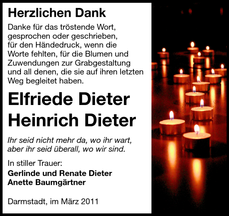  Traueranzeige für Elfriede  Dieter vom 21.03.2011 aus Darmstädter Echo, Odenwälder Echo, Rüsselsheimer Echo, Groß-Gerauer-Echo, Ried Echo