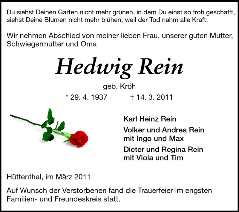  Traueranzeige für Hedwig Rein vom 23.03.2011 aus Darmstädter Echo, Odenwälder Echo, Rüsselsheimer Echo, Groß-Gerauer-Echo, Ried Echo