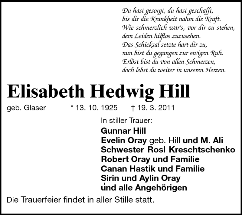  Traueranzeige für Elisabeth Hedwig Hill vom 23.03.2011 aus Darmstädter Echo, Odenwälder Echo, Rüsselsheimer Echo, Groß-Gerauer-Echo, Ried Echo