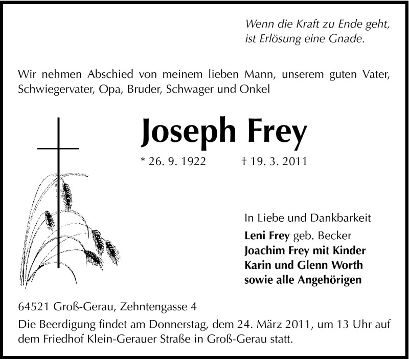  Traueranzeige für Joseph Frey vom 23.03.2011 aus Rüsselsheimer Echo, Groß-Gerauer-Echo, Ried Echo