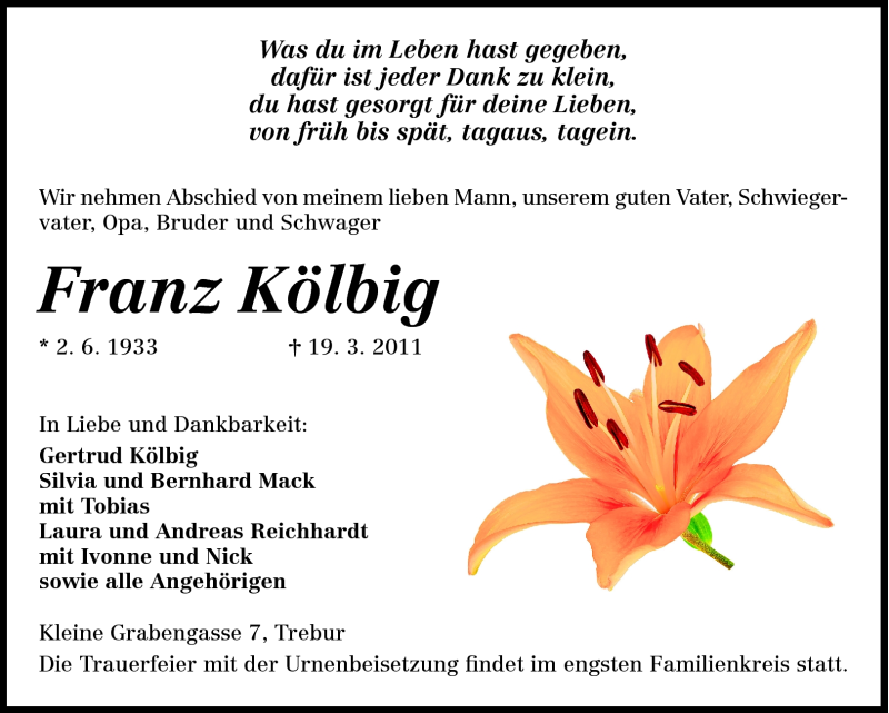  Traueranzeige für Franz Kölbig vom 23.03.2011 aus Rüsselsheimer Echo, Groß-Gerauer-Echo, Ried Echo