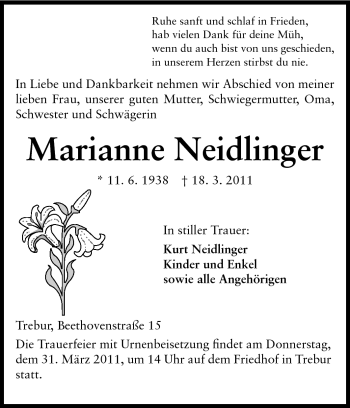 Traueranzeige von Marianne Neidlinger von Rüsselsheimer Echo, Groß-Gerauer-Echo, Ried Echo