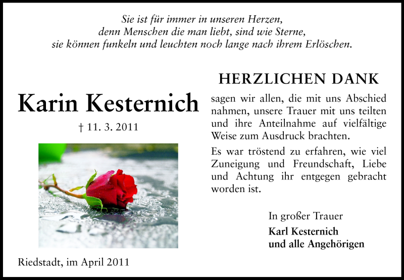  Traueranzeige für Karin Kesternich vom 02.04.2011 aus Rüsselsheimer Echo, Groß-Gerauer-Echo, Ried Echo