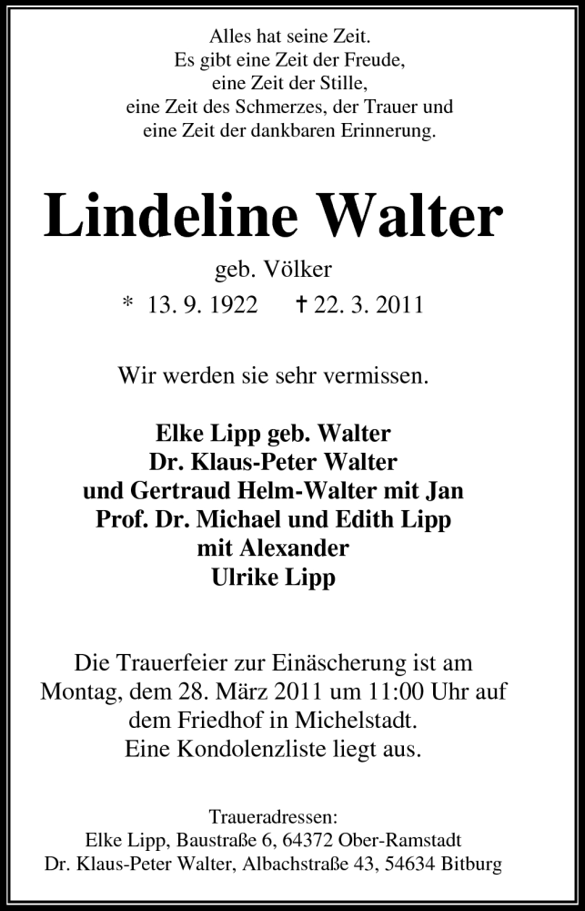  Traueranzeige für Lindeline Walter vom 26.03.2011 aus Odenwälder Echo