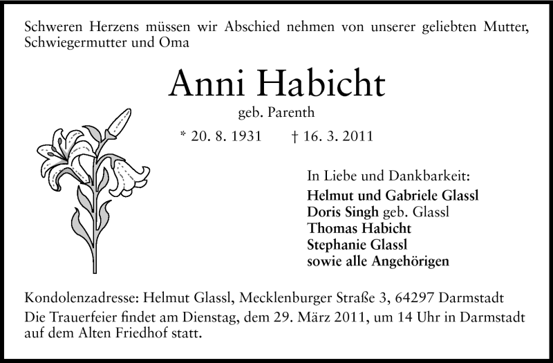  Traueranzeige für Anni Habicht vom 26.03.2011 aus Darmstädter Echo, Odenwälder Echo, Rüsselsheimer Echo, Groß-Gerauer-Echo, Ried Echo