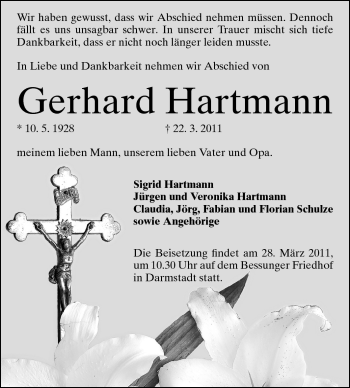 Traueranzeige von Gerhard Hartmann von Darmstädter Echo, Odenwälder Echo, Rüsselsheimer Echo, Groß-Gerauer-Echo, Ried Echo