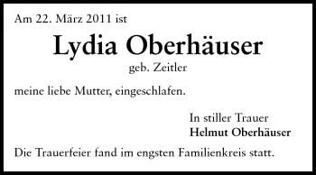 Traueranzeige von Lydia Oberhäuser von Darmstädter Echo, Odenwälder Echo, Rüsselsheimer Echo, Groß-Gerauer-Echo, Ried Echo