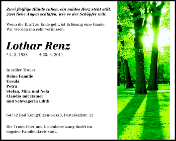 Traueranzeige von Lothar Renz von Odenwälder Echo