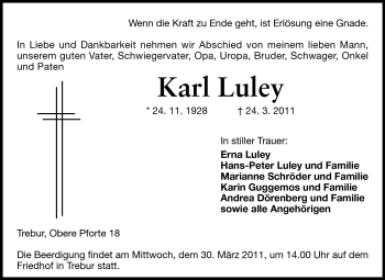 Traueranzeige von Karl Luley von Rüsselsheimer Echo, Groß-Gerauer-Echo, Ried Echo