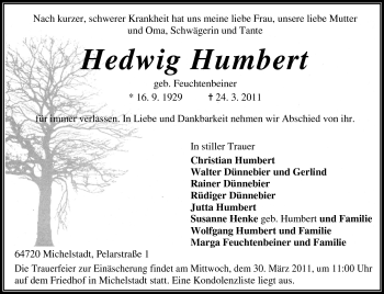Traueranzeige von Hedwig Humbert von Odenwälder Echo