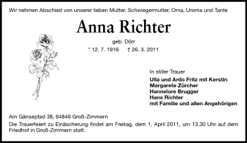 Traueranzeige von Anna Richter von Echo-Zeitungen (Gesamtausgabe)