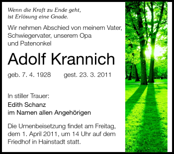 Traueranzeige von Adolf Krannich von Odenwälder Echo