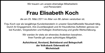 Traueranzeige von Elisabeth Koch von Odenwälder Echo