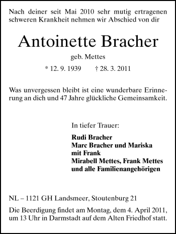 Traueranzeige von Antoinette Bracher von Darmstädter Echo, Odenwälder Echo, Rüsselsheimer Echo, Groß-Gerauer-Echo, Ried Echo