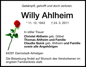 Traueranzeige von Willy Ahlheim von Echo-Zeitungen (Gesamtausgabe)