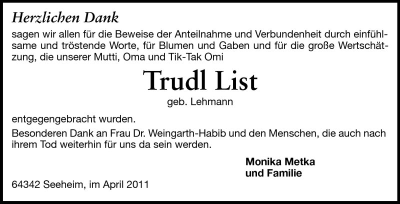  Traueranzeige für Trudel List vom 02.04.2011 aus Echo-Zeitungen (Gesamtausgabe)