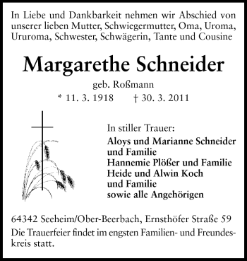 Traueranzeige von Margarethe Schneider von Echo-Zeitungen (Gesamtausgabe)