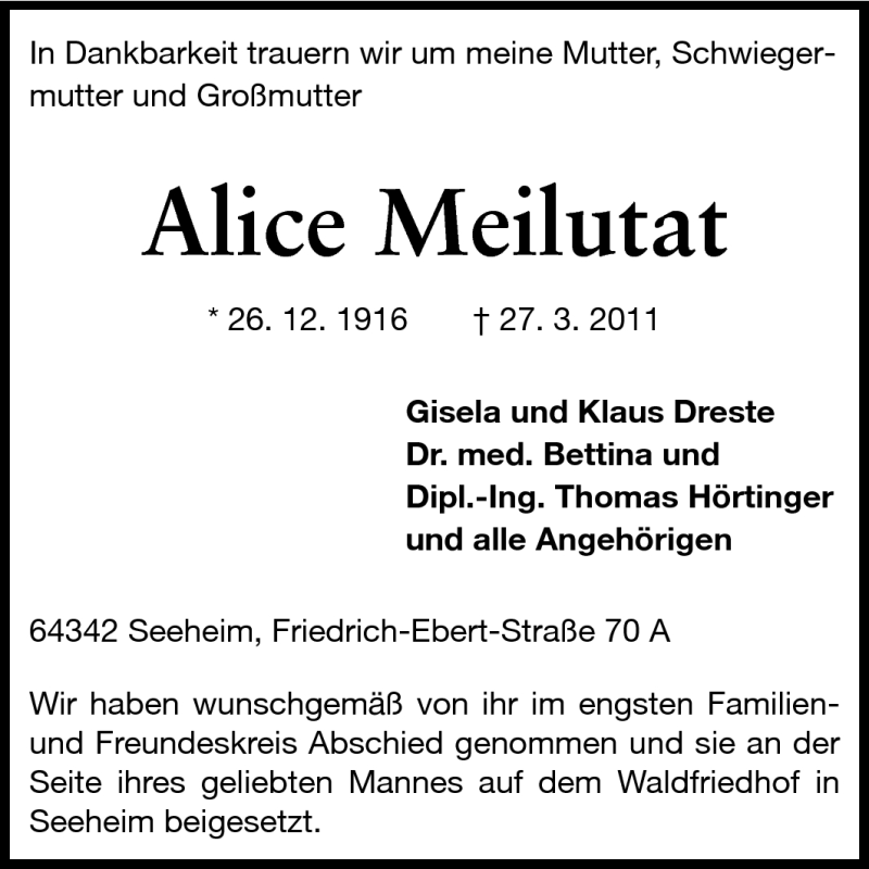  Traueranzeige für Alice Meilutat vom 02.04.2011 aus Echo-Zeitungen (Gesamtausgabe)