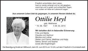 Traueranzeige von Ottilie Heyl von Rüsselsheimer Echo, Groß-Gerauer-Echo, Ried Echo