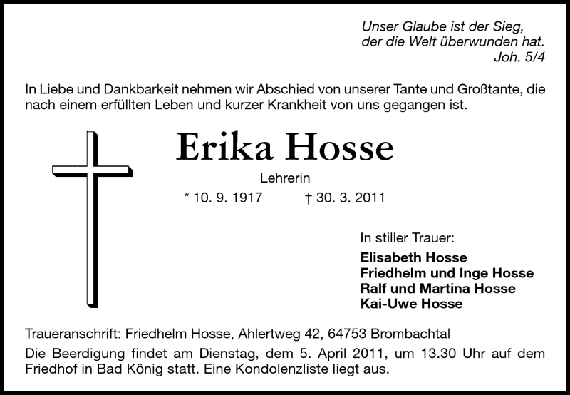  Traueranzeige für Erika Hosse vom 02.04.2011 aus Odenwälder Echo