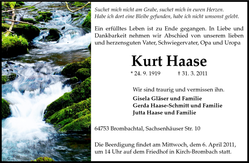  Traueranzeige für Kurt Haase vom 02.04.2011 aus Echo-Zeitungen (Gesamtausgabe)