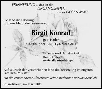 Traueranzeige von Birgit Konrad von Rüsselsheimer Echo, Groß-Gerauer-Echo, Ried Echo