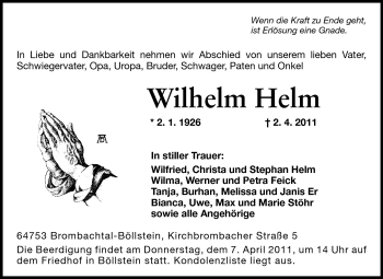 Traueranzeige von Wilhelm Helm von Echo-Zeitungen (Gesamtausgabe)