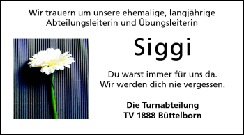 Traueranzeige von Siggi  von Rüsselsheimer Echo, Groß-Gerauer-Echo, Ried Echo
