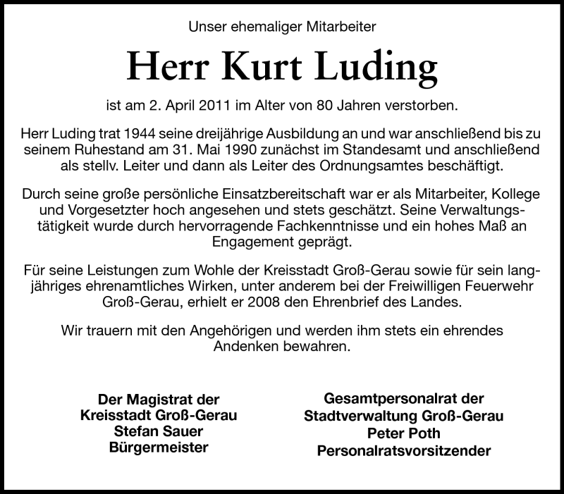  Traueranzeige für Kurt Luding vom 05.04.2011 aus Rüsselsheimer Echo, Groß-Gerauer-Echo, Ried Echo