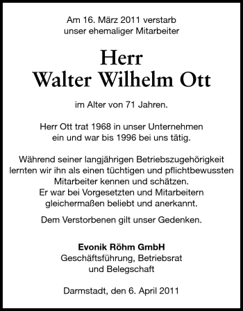 Traueranzeige von Walter Wilhelm Ott von Echo-Zeitungen (Gesamtausgabe)