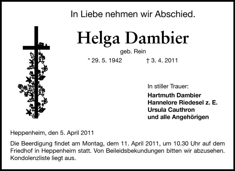  Traueranzeige für Helga Dambier vom 06.04.2011 aus Starkenburger Echo